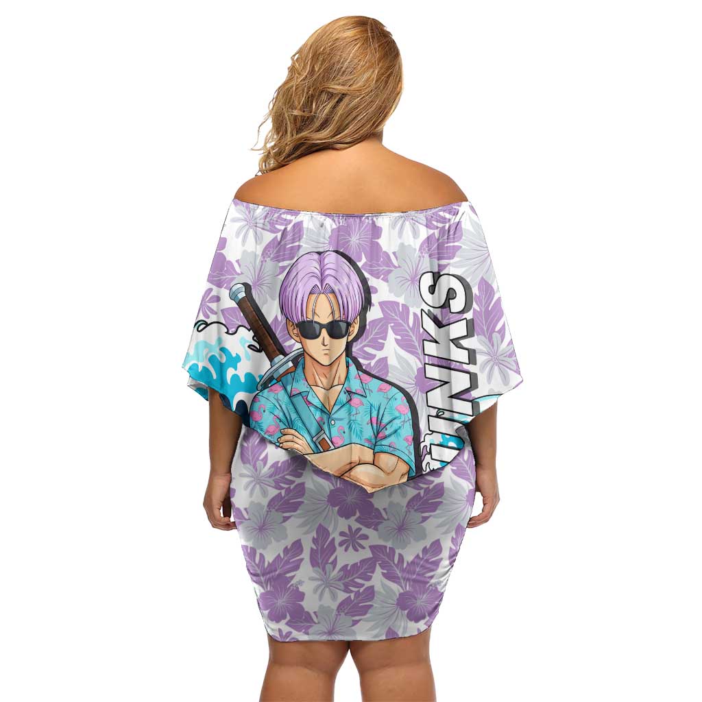 Trunks Dragon Ball Summer Theme Off Shoulder Short Dress with Sword Floral Shirt Sunglasses Shenron and Ocean Wave Background - The Mazicc