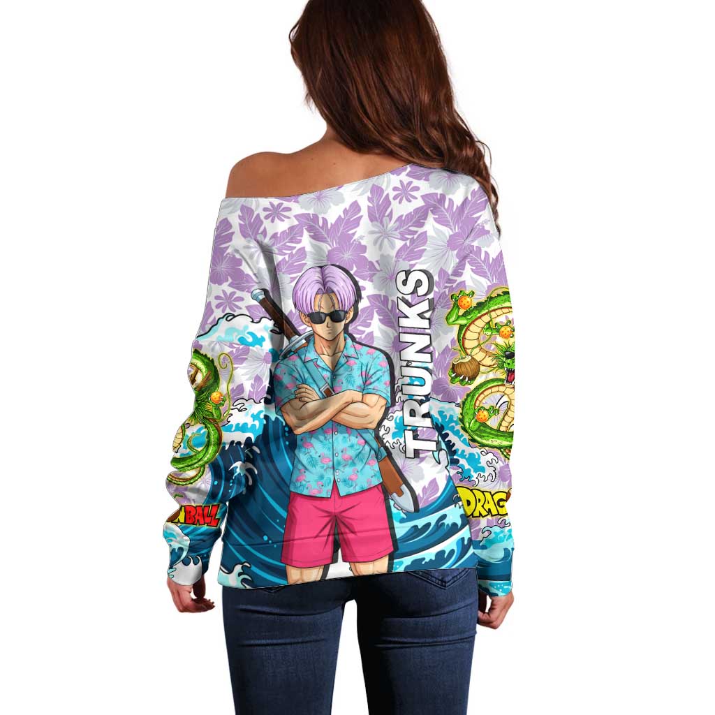 Trunks Dragon Ball Summer Theme Off Shoulder Sweater with Sword Floral Shirt Sunglasses Shenron and Ocean Wave Background - The Mazicc