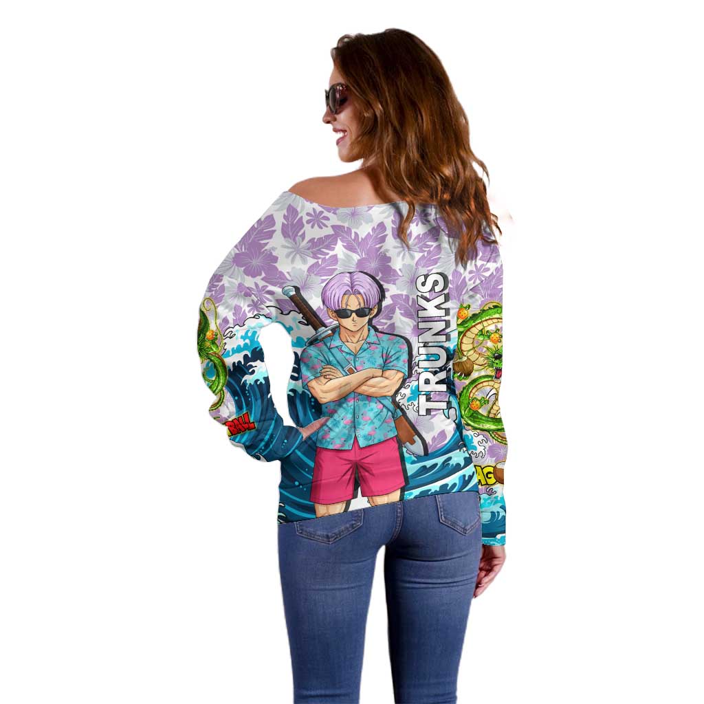 Trunks Dragon Ball Summer Theme Off Shoulder Sweater with Sword Floral Shirt Sunglasses Shenron and Ocean Wave Background - The Mazicc