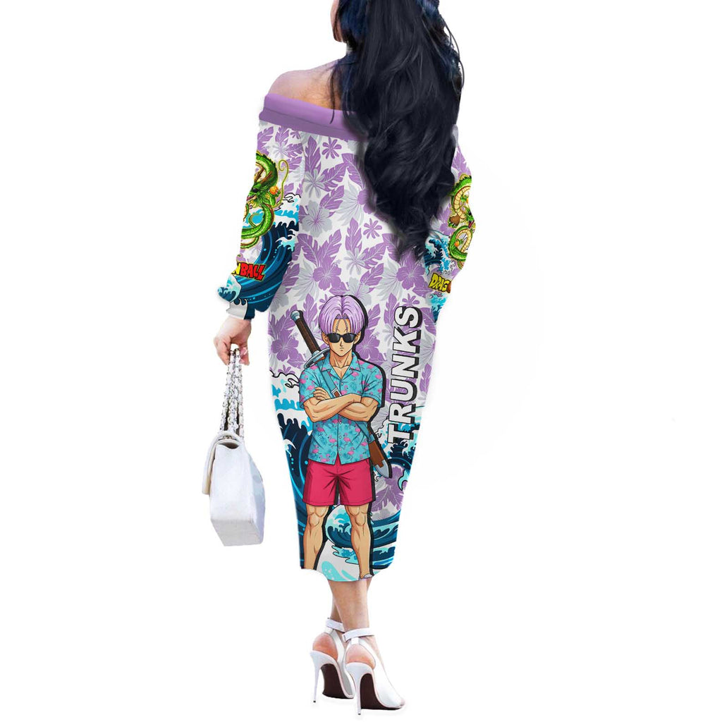 Trunks Dragon Ball Summer Theme Off The Shoulder Long Sleeve Dress with Sword Floral Shirt Sunglasses Shenron and Ocean Wave Background - The Mazicc