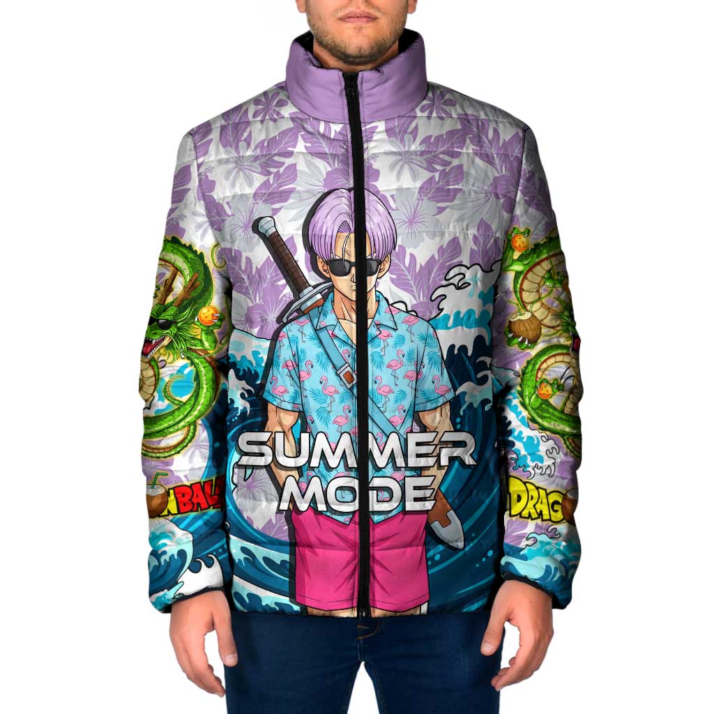Trunks Dragon Ball Summer Theme Padded Jacket with Sword Floral Shirt Sunglasses Shenron and Ocean Wave Background - The Mazicc