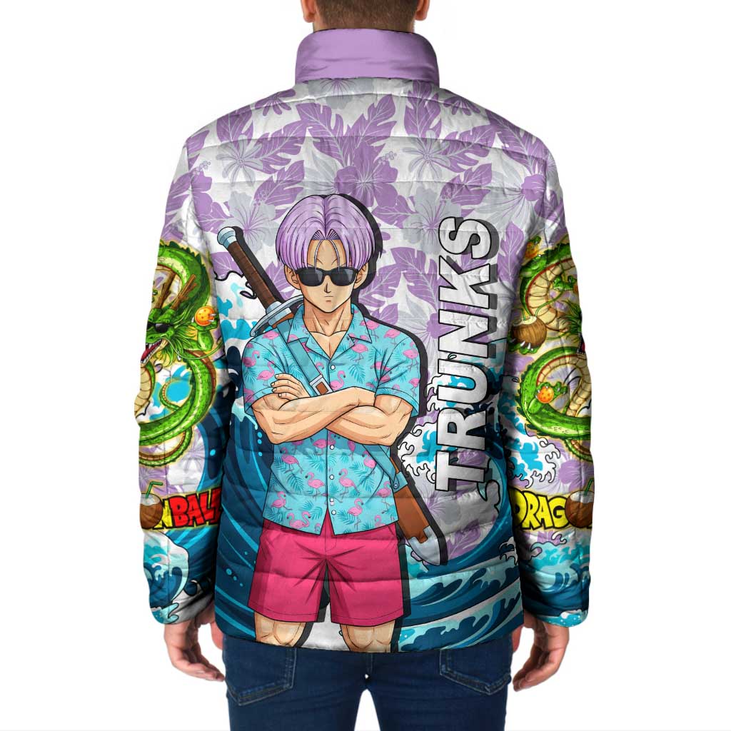 Trunks Dragon Ball Summer Theme Padded Jacket with Sword Floral Shirt Sunglasses Shenron and Ocean Wave Background - The Mazicc