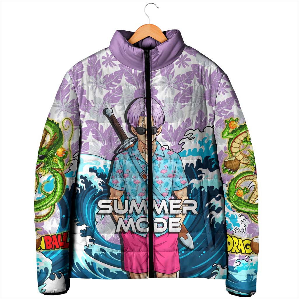 Trunks Dragon Ball Summer Theme Padded Jacket with Sword Floral Shirt Sunglasses Shenron and Ocean Wave Background - The Mazicc