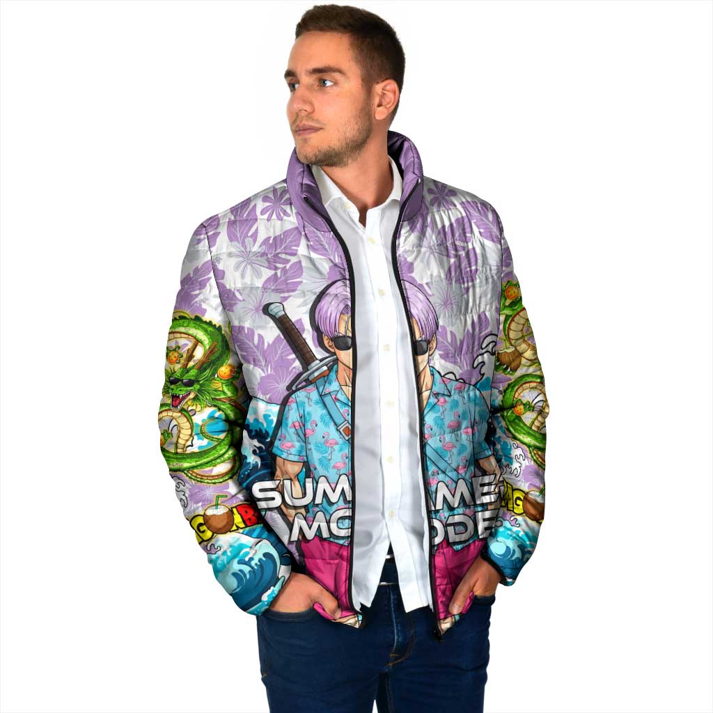 Trunks Dragon Ball Summer Theme Padded Jacket with Sword Floral Shirt Sunglasses Shenron and Ocean Wave Background - The Mazicc