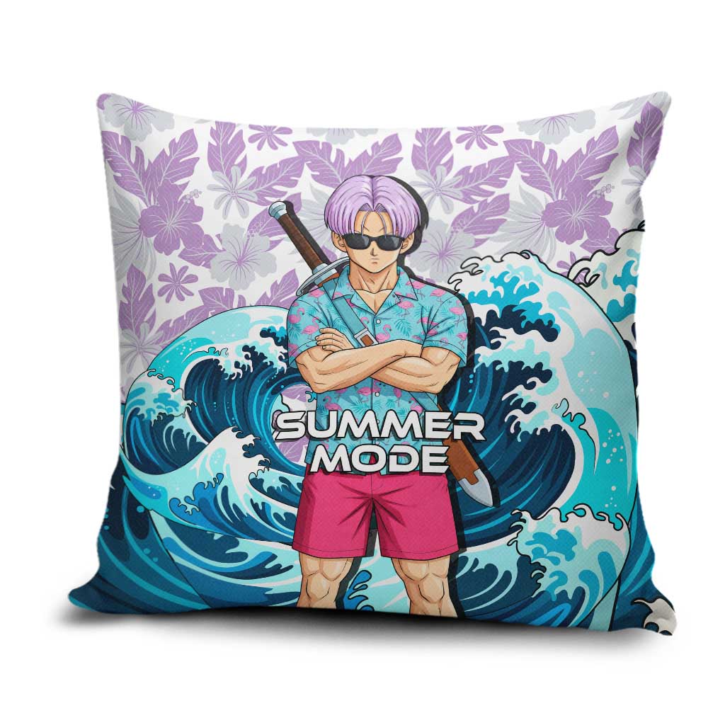Trunks Dragon Ball Summer Theme Pillow Cover with Sword Floral Shirt Sunglasses Shenron and Ocean Wave Background - The Mazicc