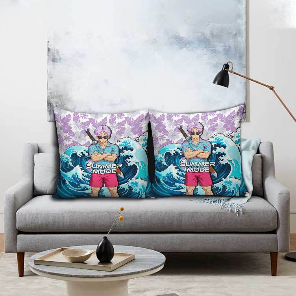 Trunks Dragon Ball Summer Theme Pillow Cover with Sword Floral Shirt Sunglasses Shenron and Ocean Wave Background - The Mazicc