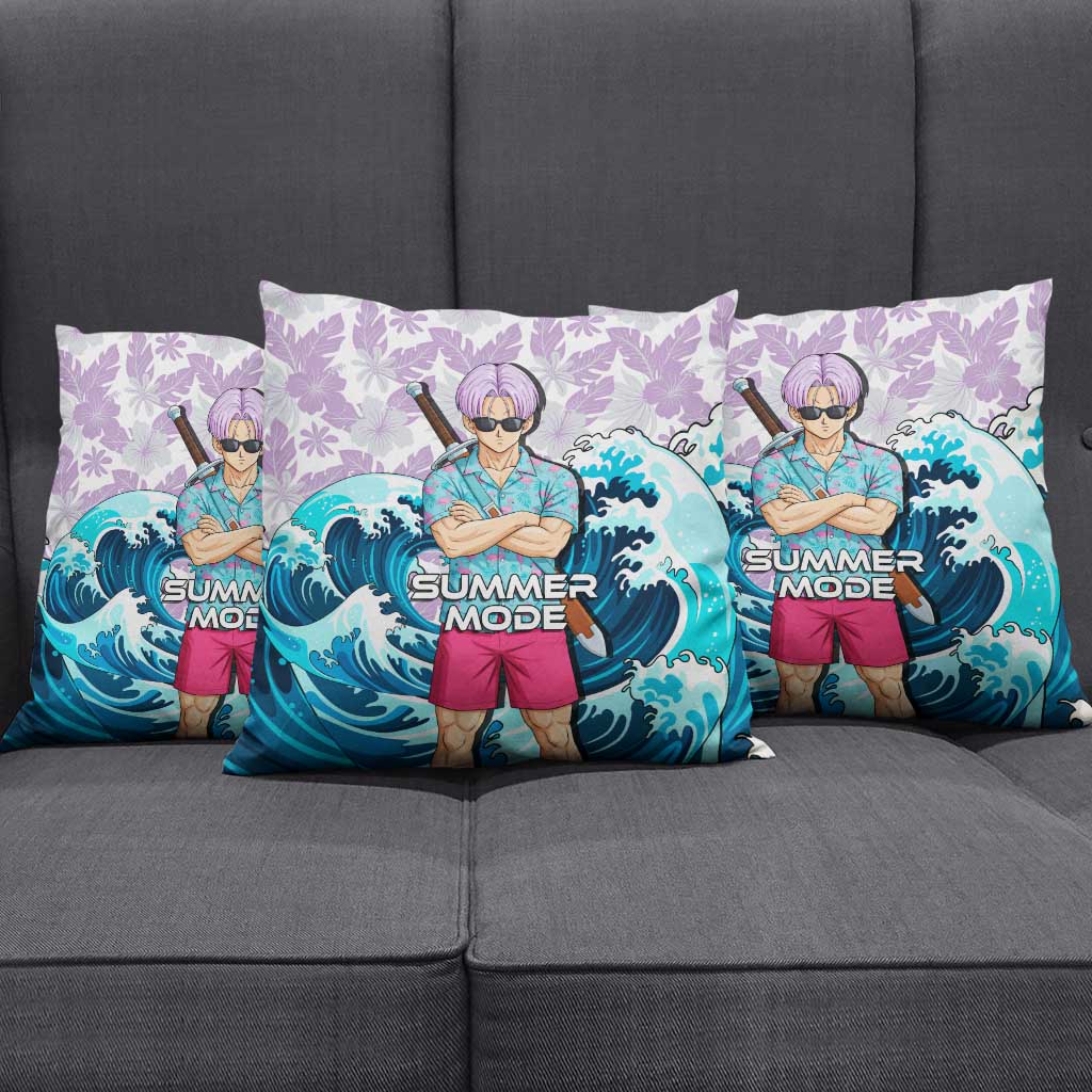 Trunks Dragon Ball Summer Theme Pillow Cover with Sword Floral Shirt Sunglasses Shenron and Ocean Wave Background - The Mazicc