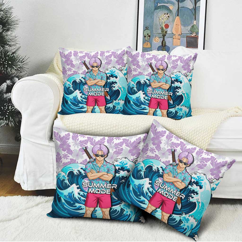 Trunks Dragon Ball Summer Theme Pillow Cover with Sword Floral Shirt Sunglasses Shenron and Ocean Wave Background - The Mazicc