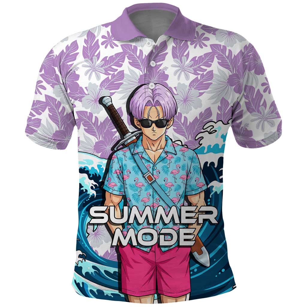 Trunks Dragon Ball Summer Theme Polo Shirt with Sword Floral Shirt Sunglasses Shenron and Ocean Wave Background - The Mazicc
