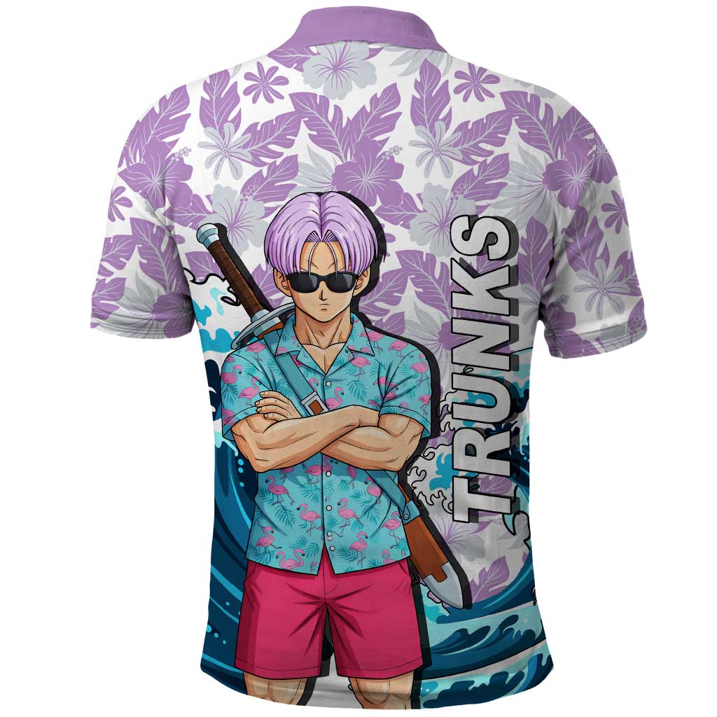 Trunks Dragon Ball Summer Theme Polo Shirt with Sword Floral Shirt Sunglasses Shenron and Ocean Wave Background - The Mazicc