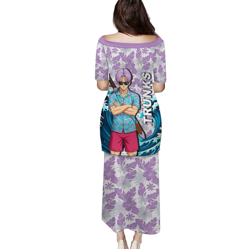 Trunks Dragon Ball Summer Theme Puletasi with Sword Floral Shirt Sunglasses Shenron and Ocean Wave Background - The Mazicc