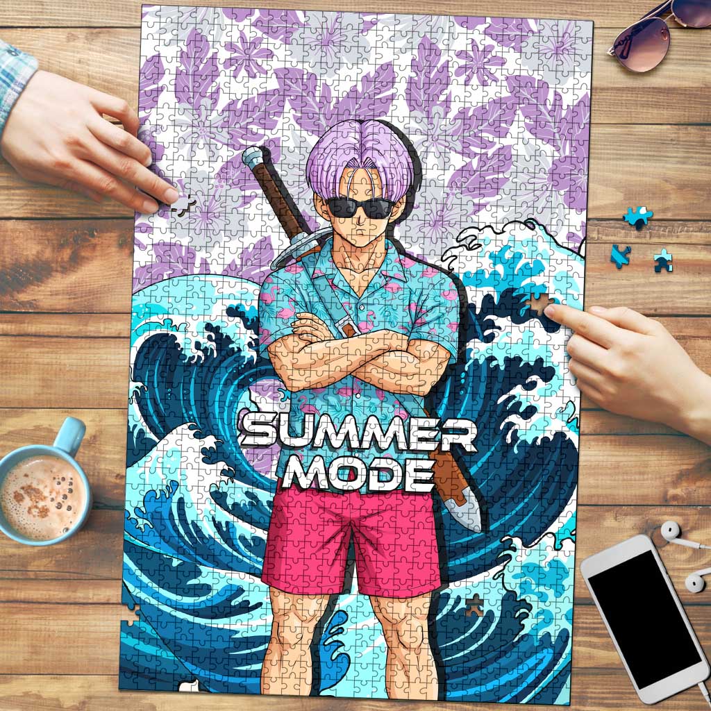 Trunks Dragon Ball Summer Theme Puzzle with Sword Floral Shirt Sunglasses Shenron and Ocean Wave Background - The Mazicc