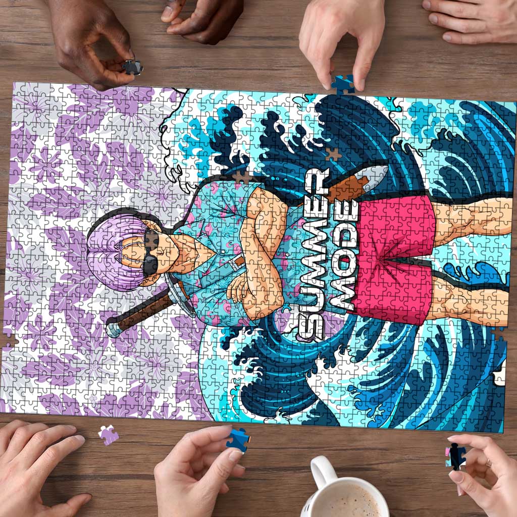 Trunks Dragon Ball Summer Theme Puzzle with Sword Floral Shirt Sunglasses Shenron and Ocean Wave Background - The Mazicc