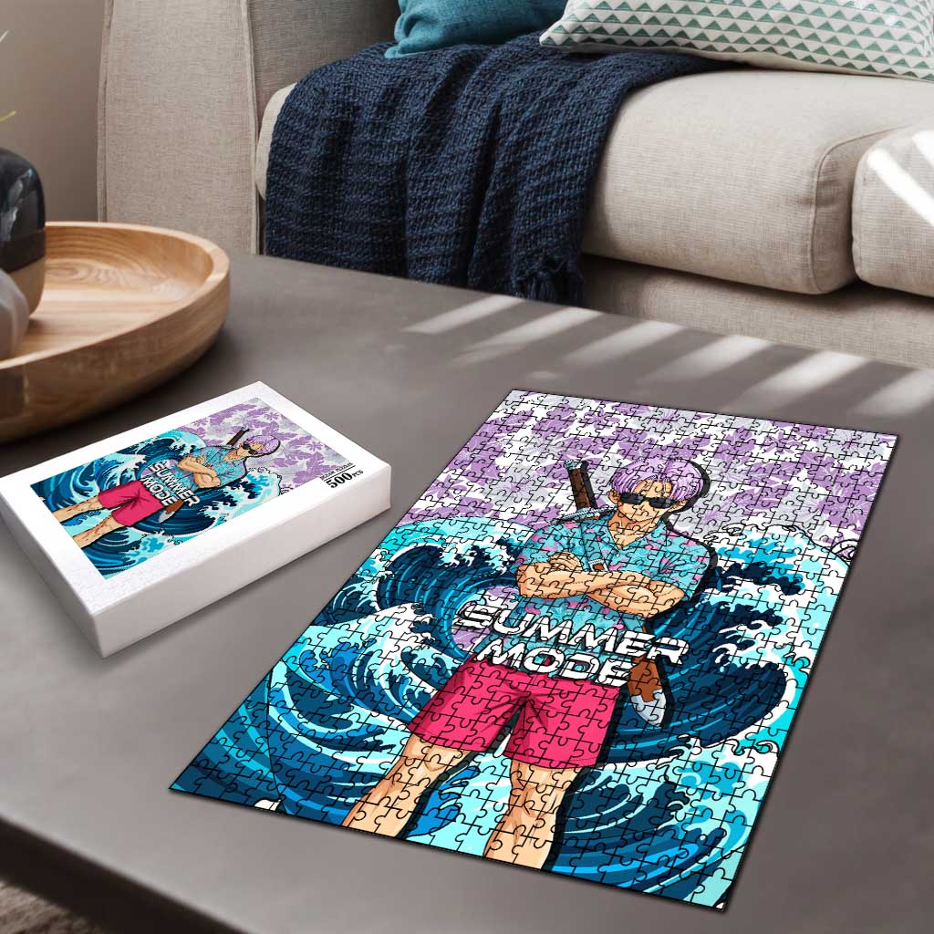 Trunks Dragon Ball Summer Theme Puzzle with Sword Floral Shirt Sunglasses Shenron and Ocean Wave Background - The Mazicc