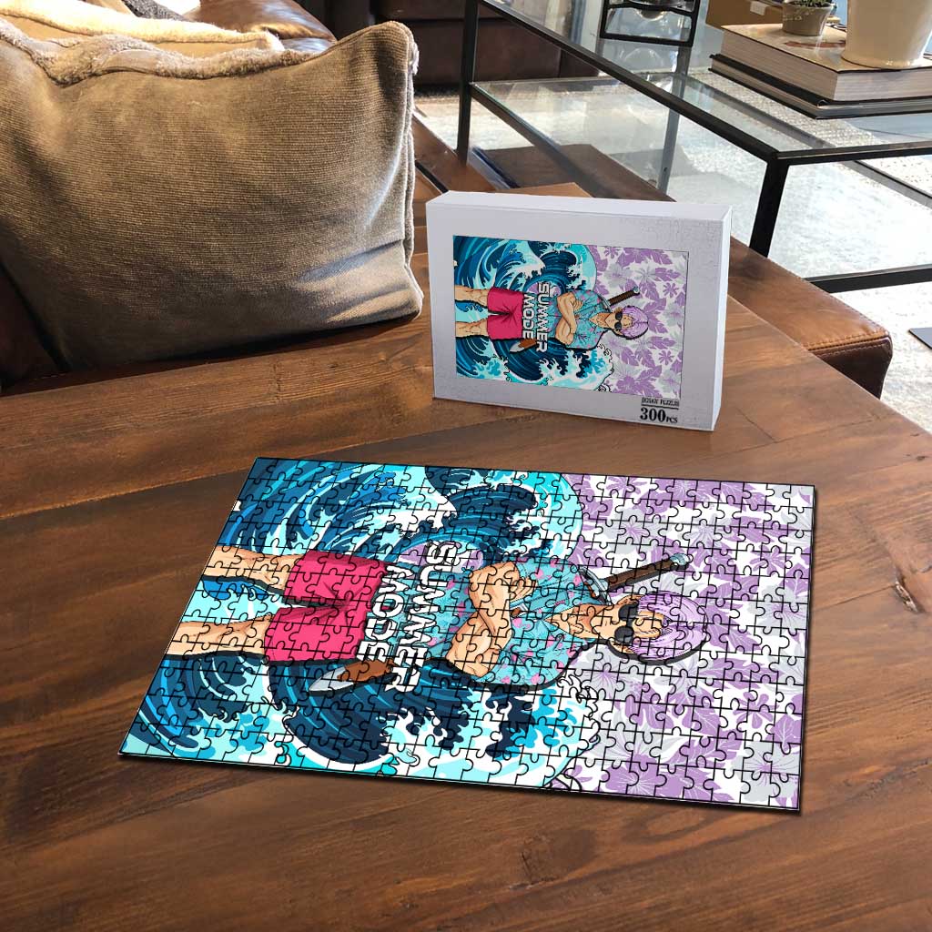 Trunks Dragon Ball Summer Theme Puzzle with Sword Floral Shirt Sunglasses Shenron and Ocean Wave Background - The Mazicc