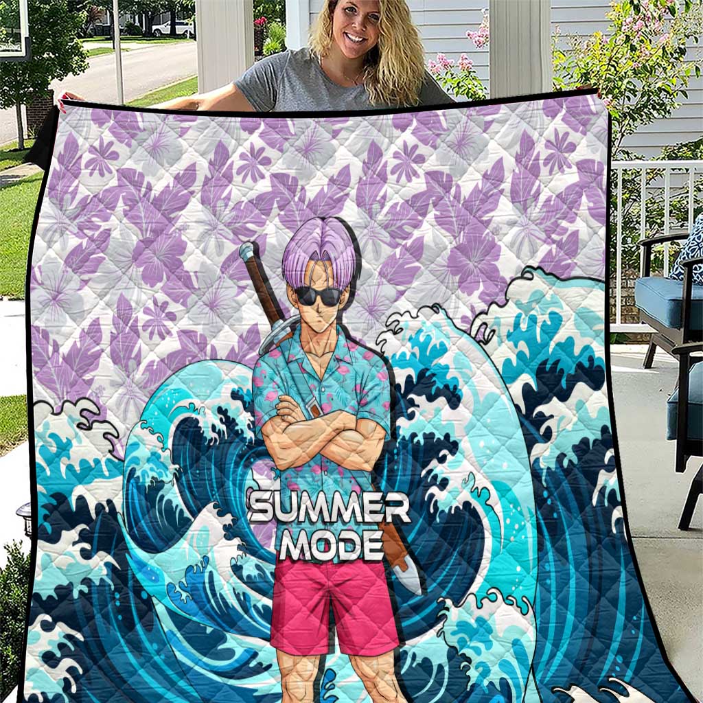 Trunks Dragon Ball Summer Theme Quilt with Sword Floral Shirt Sunglasses Shenron and Ocean Wave Background - The Mazicc