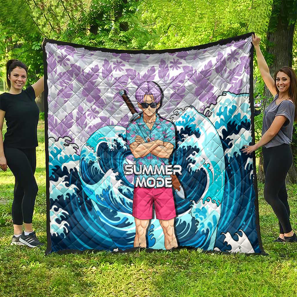 Trunks Dragon Ball Summer Theme Quilt with Sword Floral Shirt Sunglasses Shenron and Ocean Wave Background - The Mazicc