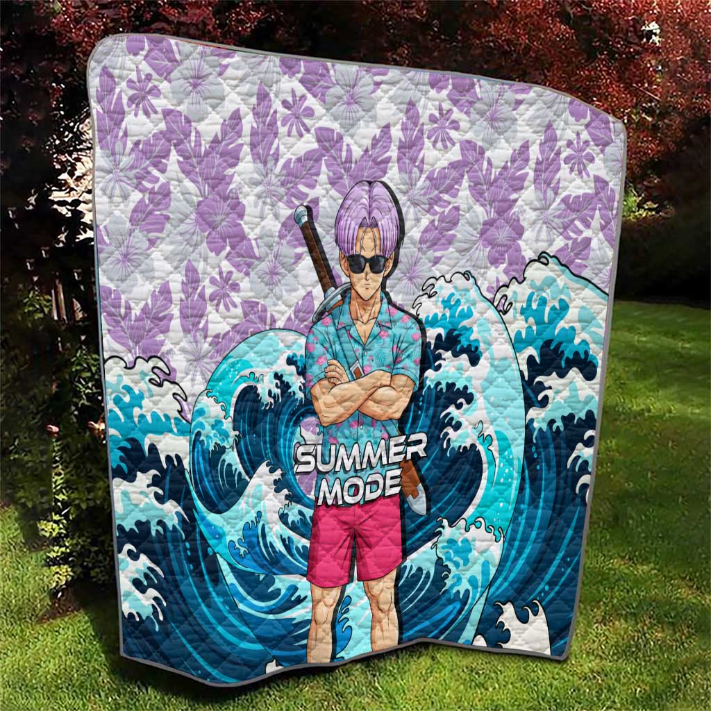 Trunks Dragon Ball Summer Theme Quilt with Sword Floral Shirt Sunglasses Shenron and Ocean Wave Background - The Mazicc