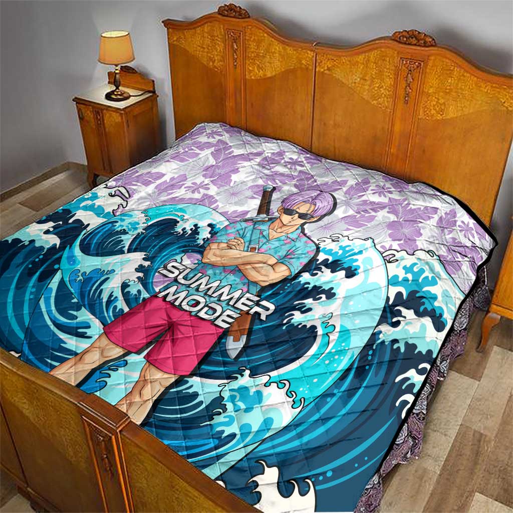 Trunks Dragon Ball Summer Theme Quilt with Sword Floral Shirt Sunglasses Shenron and Ocean Wave Background - The Mazicc