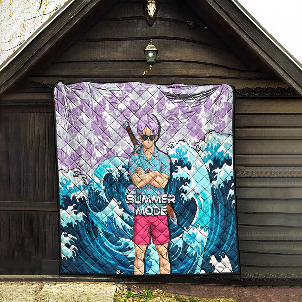 Trunks Dragon Ball Summer Theme Quilt with Sword Floral Shirt Sunglasses Shenron and Ocean Wave Background - The Mazicc