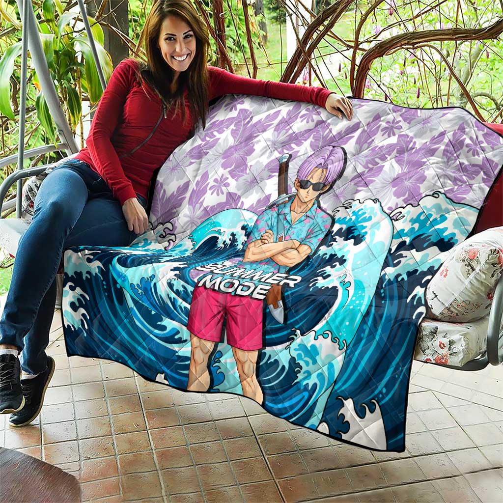 Trunks Dragon Ball Summer Theme Quilt with Sword Floral Shirt Sunglasses Shenron and Ocean Wave Background - The Mazicc