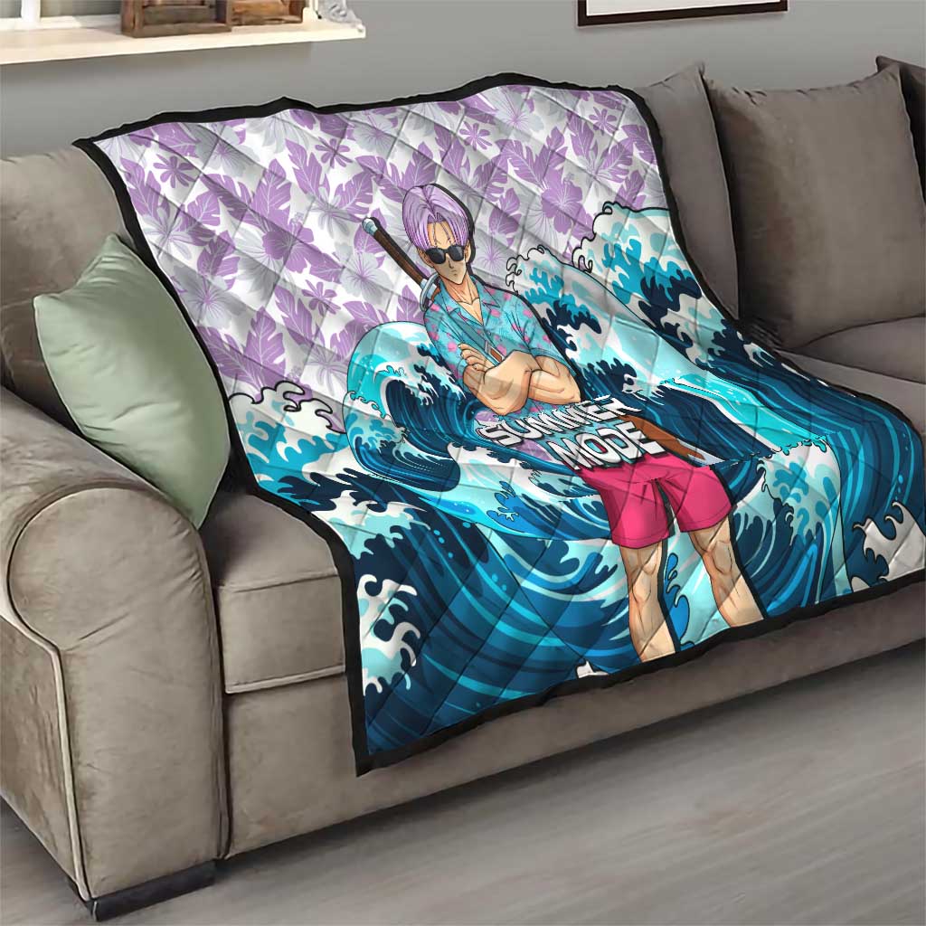 Trunks Dragon Ball Summer Theme Quilt with Sword Floral Shirt Sunglasses Shenron and Ocean Wave Background - The Mazicc