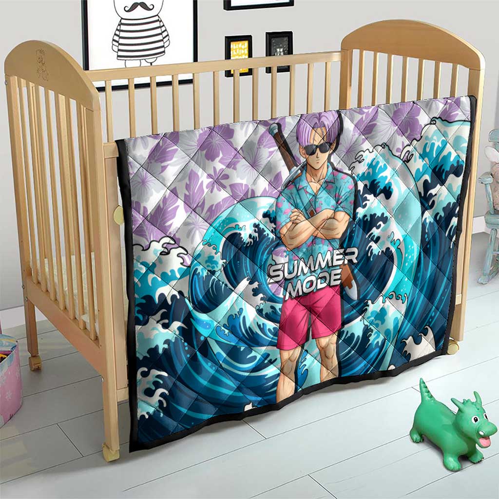 Trunks Dragon Ball Summer Theme Quilt with Sword Floral Shirt Sunglasses Shenron and Ocean Wave Background - The Mazicc