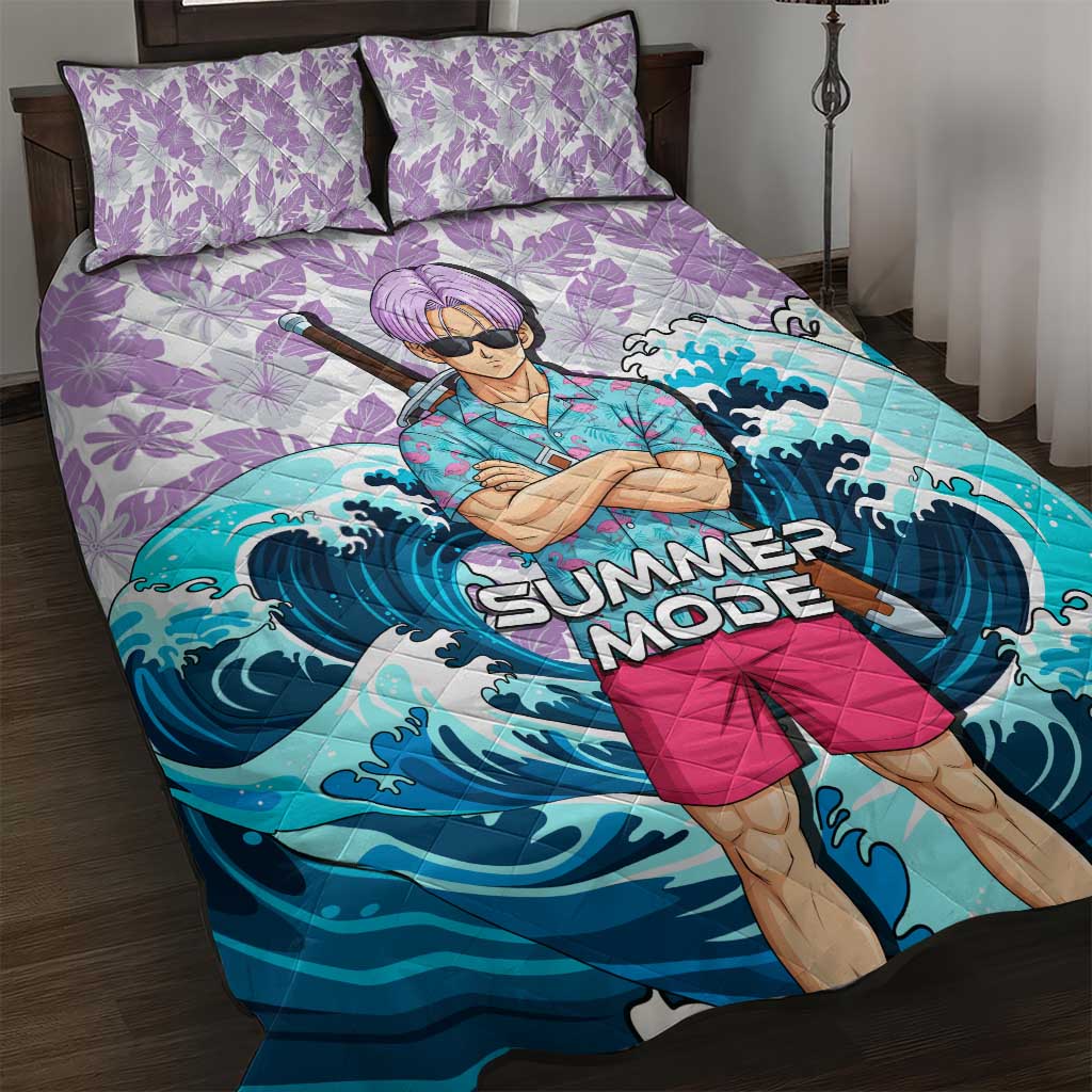 Trunks Dragon Ball Summer Theme Quilt Bed Set with Sword Floral Shirt Sunglasses Shenron and Ocean Wave Background - The Mazicc