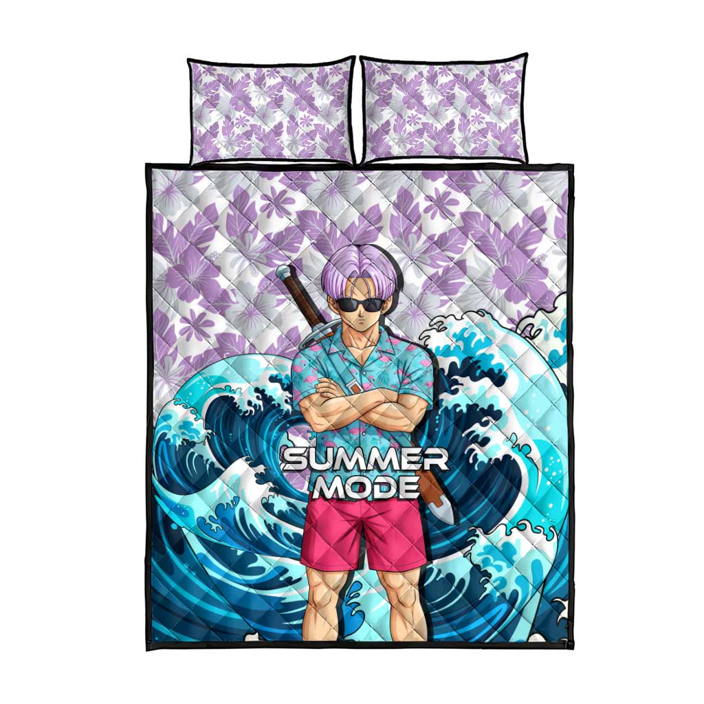 Trunks Dragon Ball Summer Theme Quilt Bed Set with Sword Floral Shirt Sunglasses Shenron and Ocean Wave Background - The Mazicc