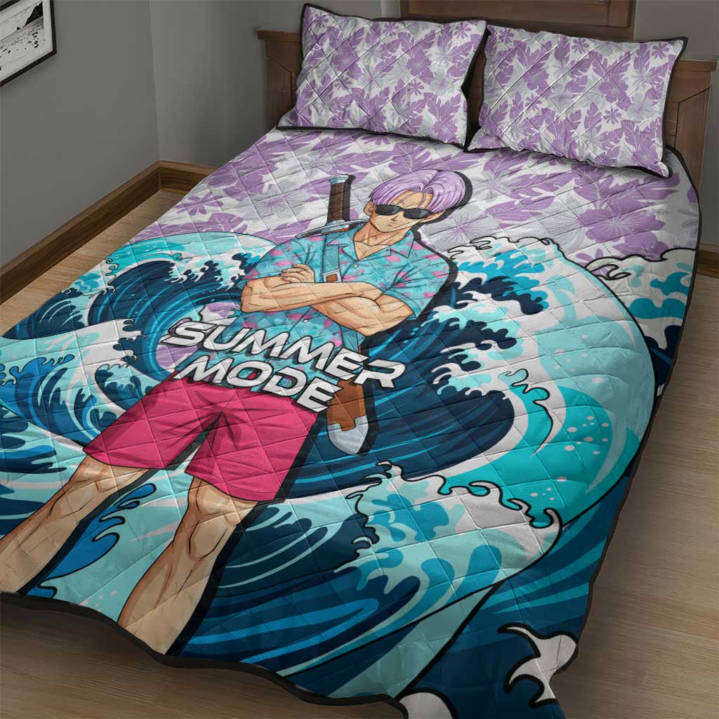Trunks Dragon Ball Summer Theme Quilt Bed Set with Sword Floral Shirt Sunglasses Shenron and Ocean Wave Background - The Mazicc