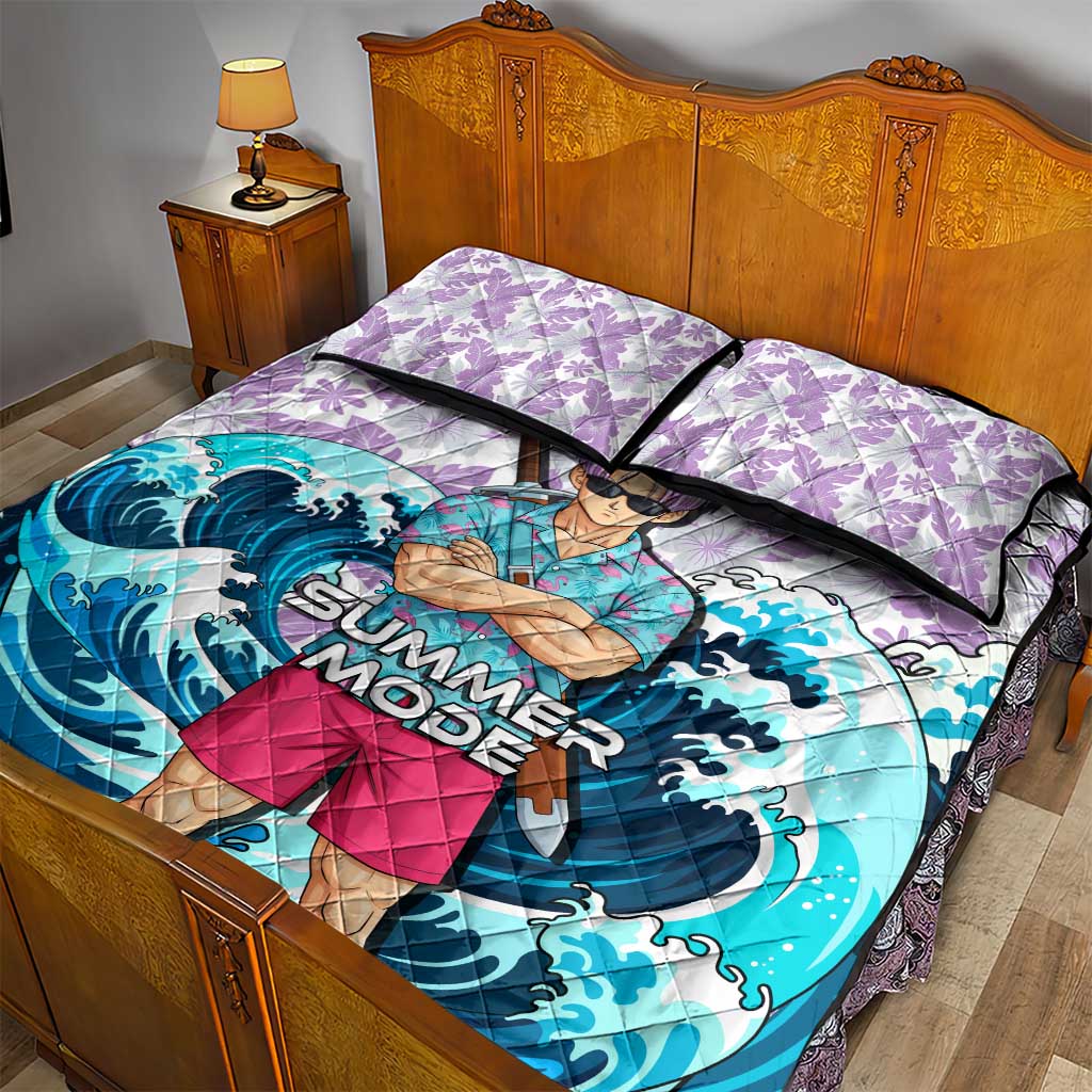 Trunks Dragon Ball Summer Theme Quilt Bed Set with Sword Floral Shirt Sunglasses Shenron and Ocean Wave Background - The Mazicc
