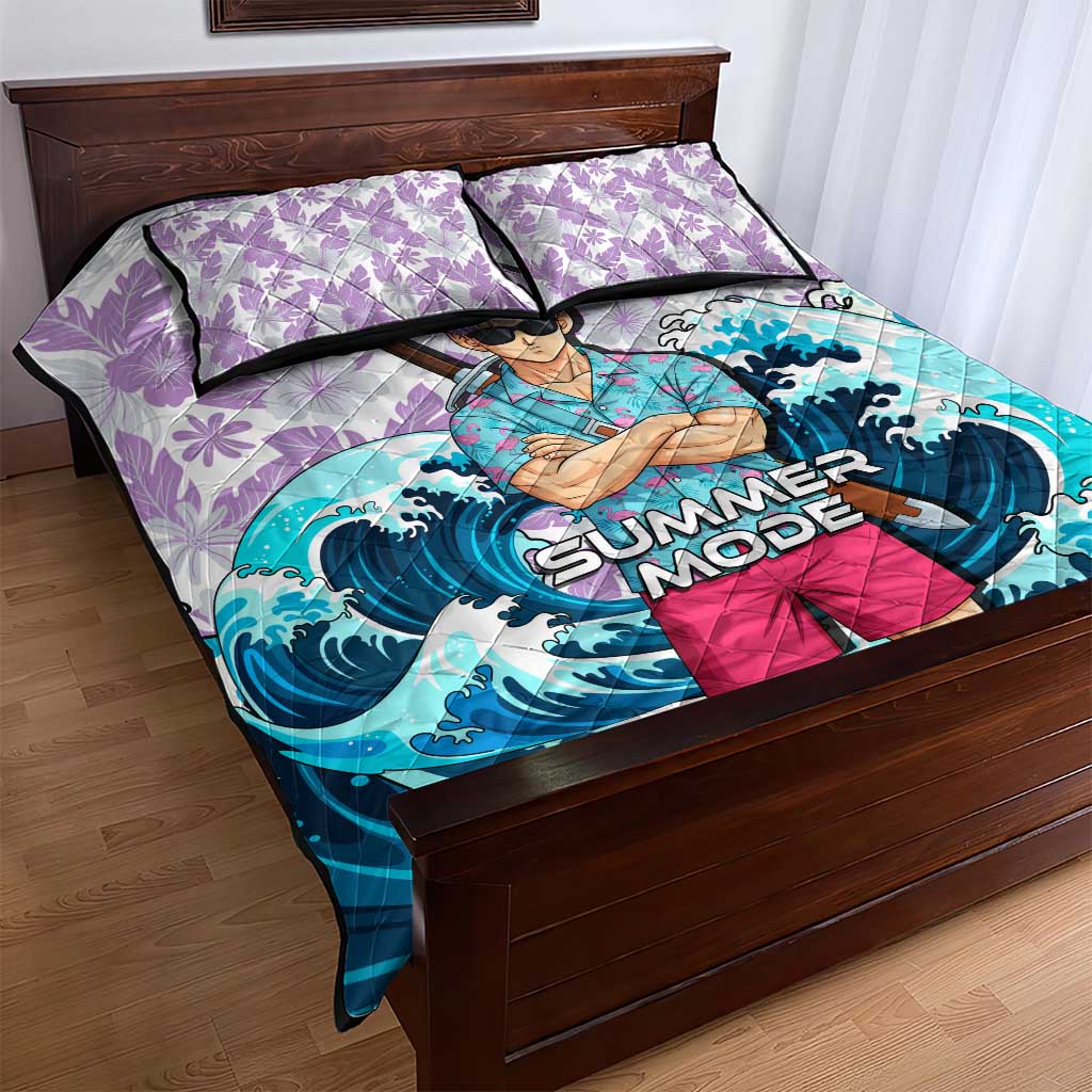 Trunks Dragon Ball Summer Theme Quilt Bed Set with Sword Floral Shirt Sunglasses Shenron and Ocean Wave Background - The Mazicc