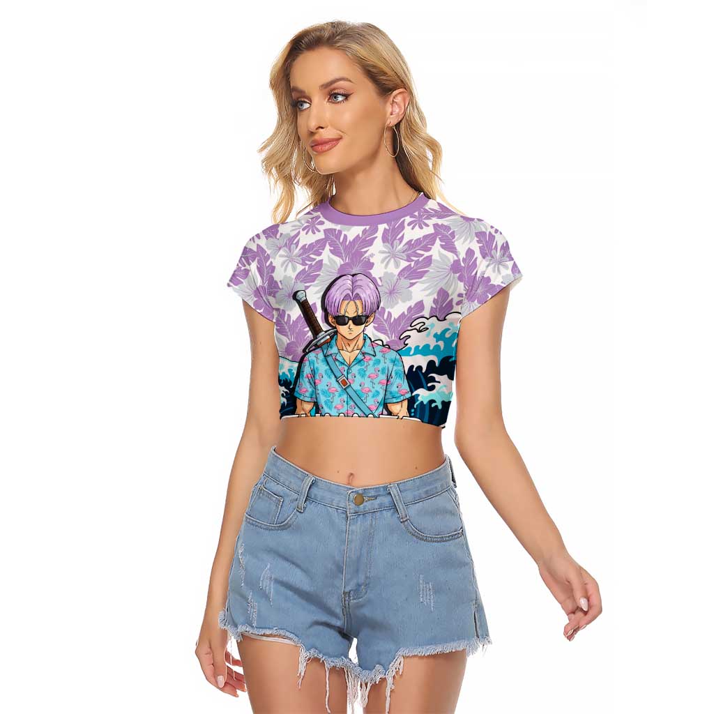 Trunks Dragon Ball Summer Theme Raglan Cropped T Shirt with Sword Floral Shirt Sunglasses Shenron and Ocean Wave Background - The Mazicc