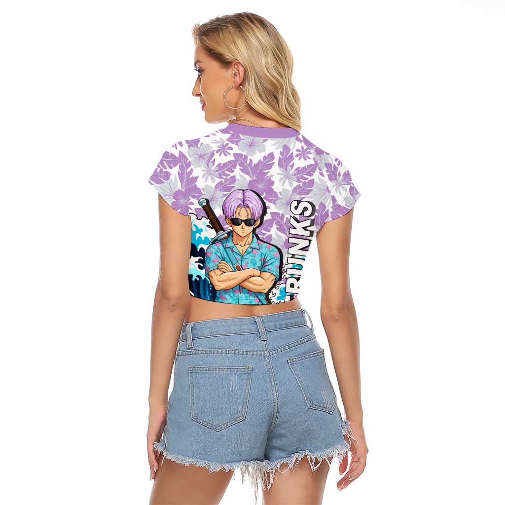 Trunks Dragon Ball Summer Theme Raglan Cropped T Shirt with Sword Floral Shirt Sunglasses Shenron and Ocean Wave Background - The Mazicc