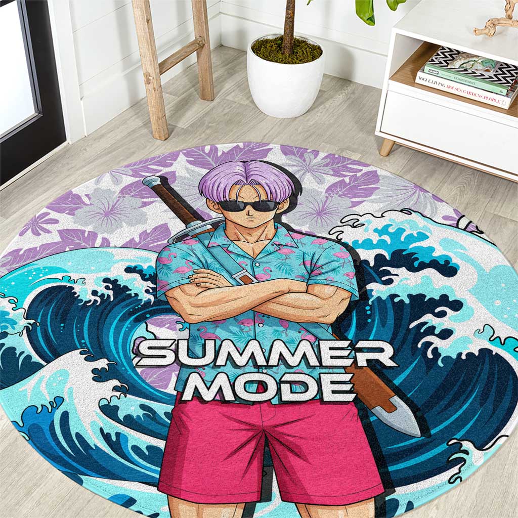 Trunks Dragon Ball Summer Theme Round Carpet with Sword Floral Shirt Sunglasses Shenron and Ocean Wave Background - The Mazicc