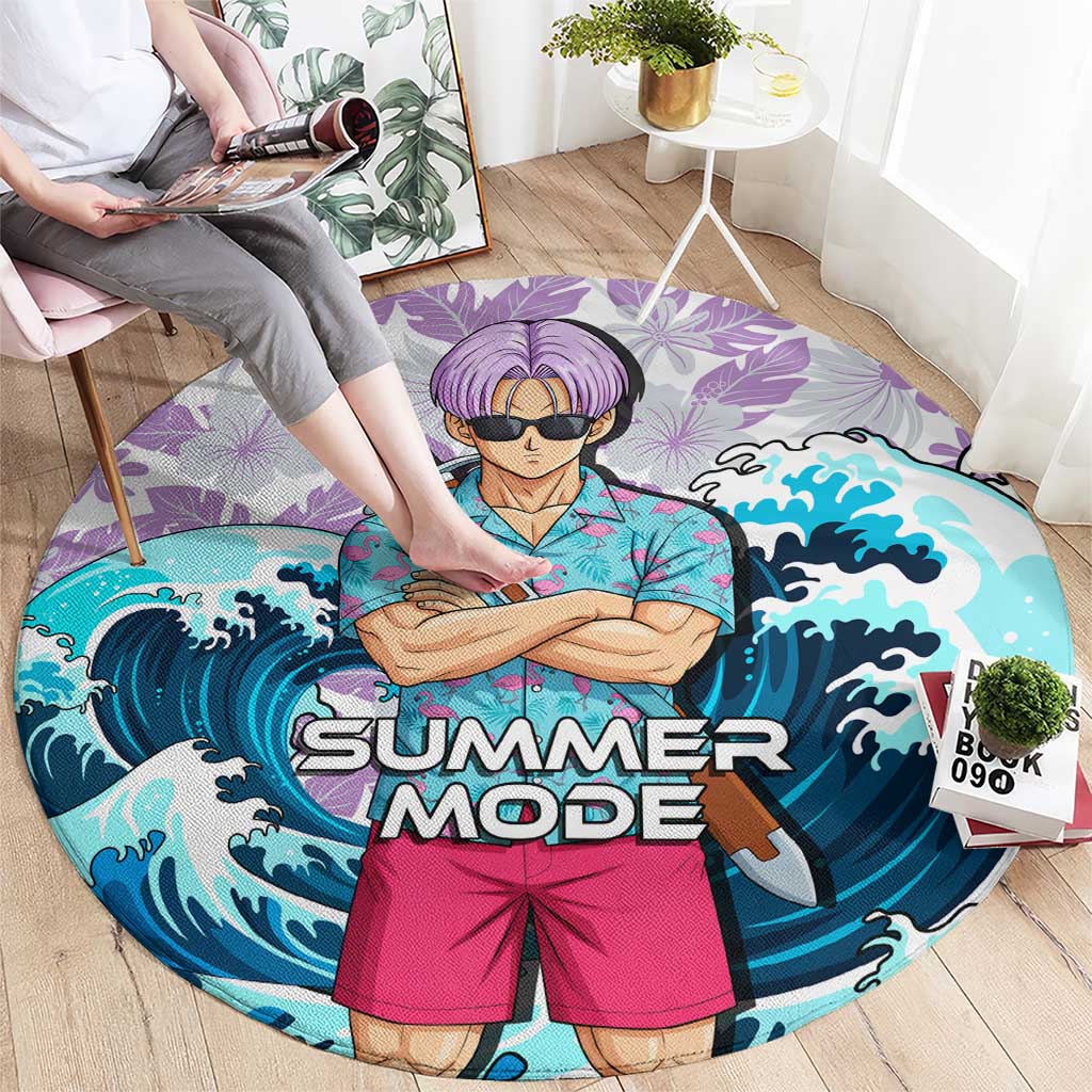 Trunks Dragon Ball Summer Theme Round Carpet with Sword Floral Shirt Sunglasses Shenron and Ocean Wave Background - The Mazicc