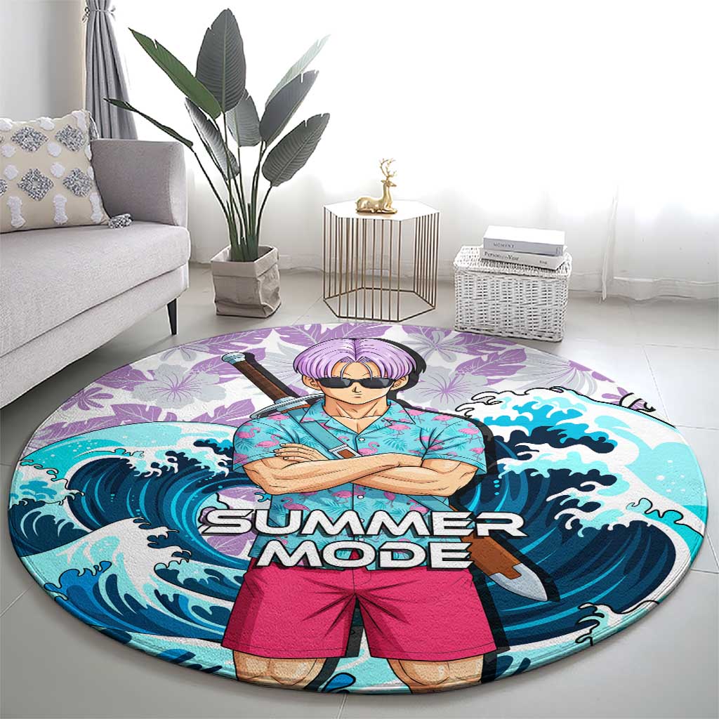 Trunks Dragon Ball Summer Theme Round Carpet with Sword Floral Shirt Sunglasses Shenron and Ocean Wave Background - The Mazicc