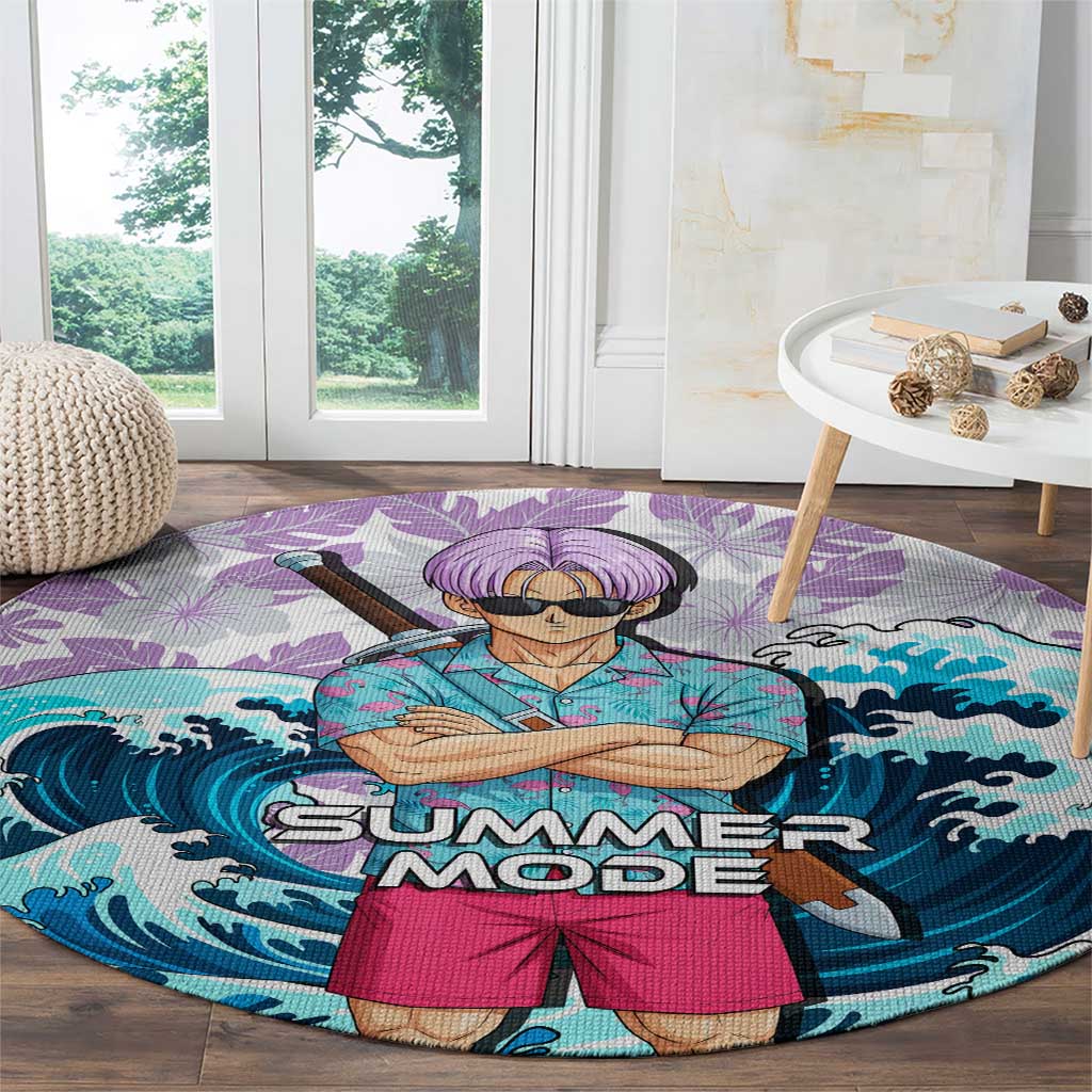 Trunks Dragon Ball Summer Theme Round Carpet with Sword Floral Shirt Sunglasses Shenron and Ocean Wave Background - The Mazicc