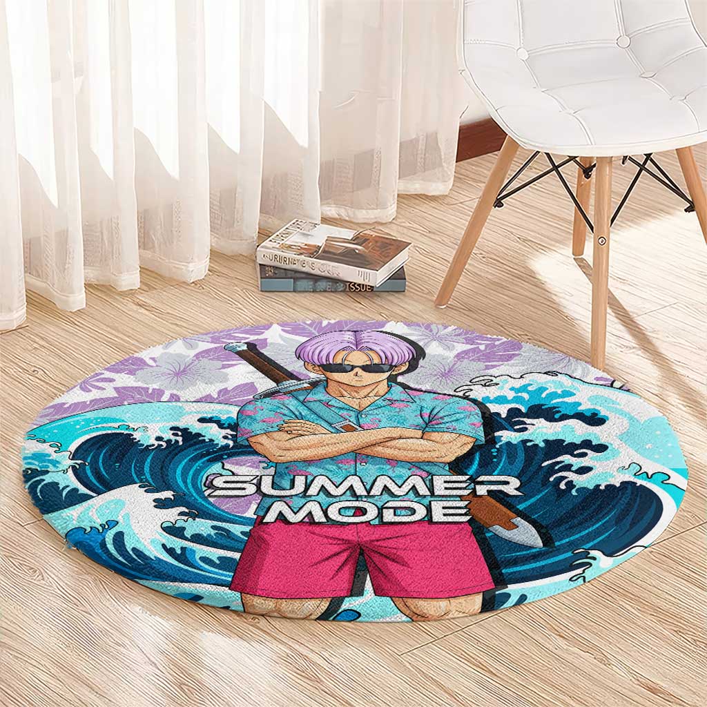 Trunks Dragon Ball Summer Theme Round Carpet with Sword Floral Shirt Sunglasses Shenron and Ocean Wave Background - The Mazicc