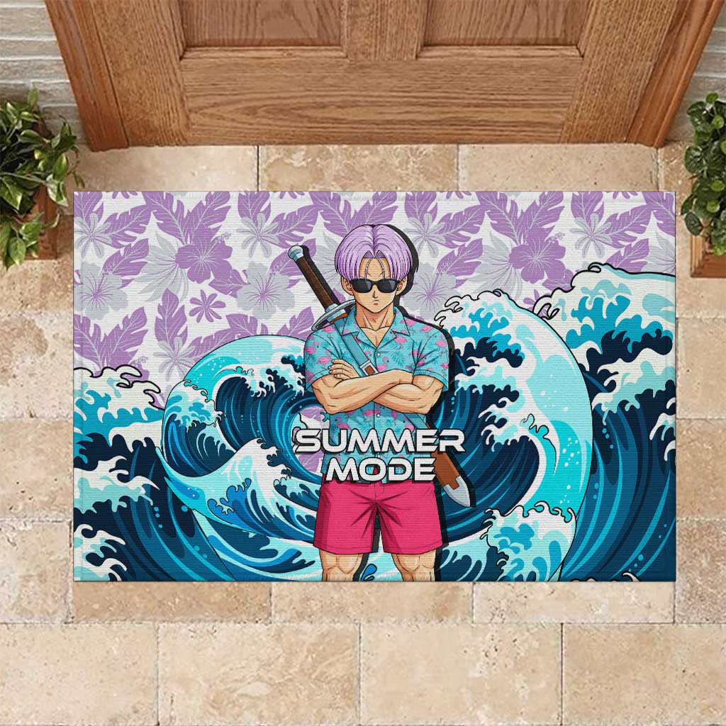 Trunks Dragon Ball Summer Theme Rubber Doormat with Sword Floral Shirt Sunglasses Shenron and Ocean Wave Background - The Mazicc