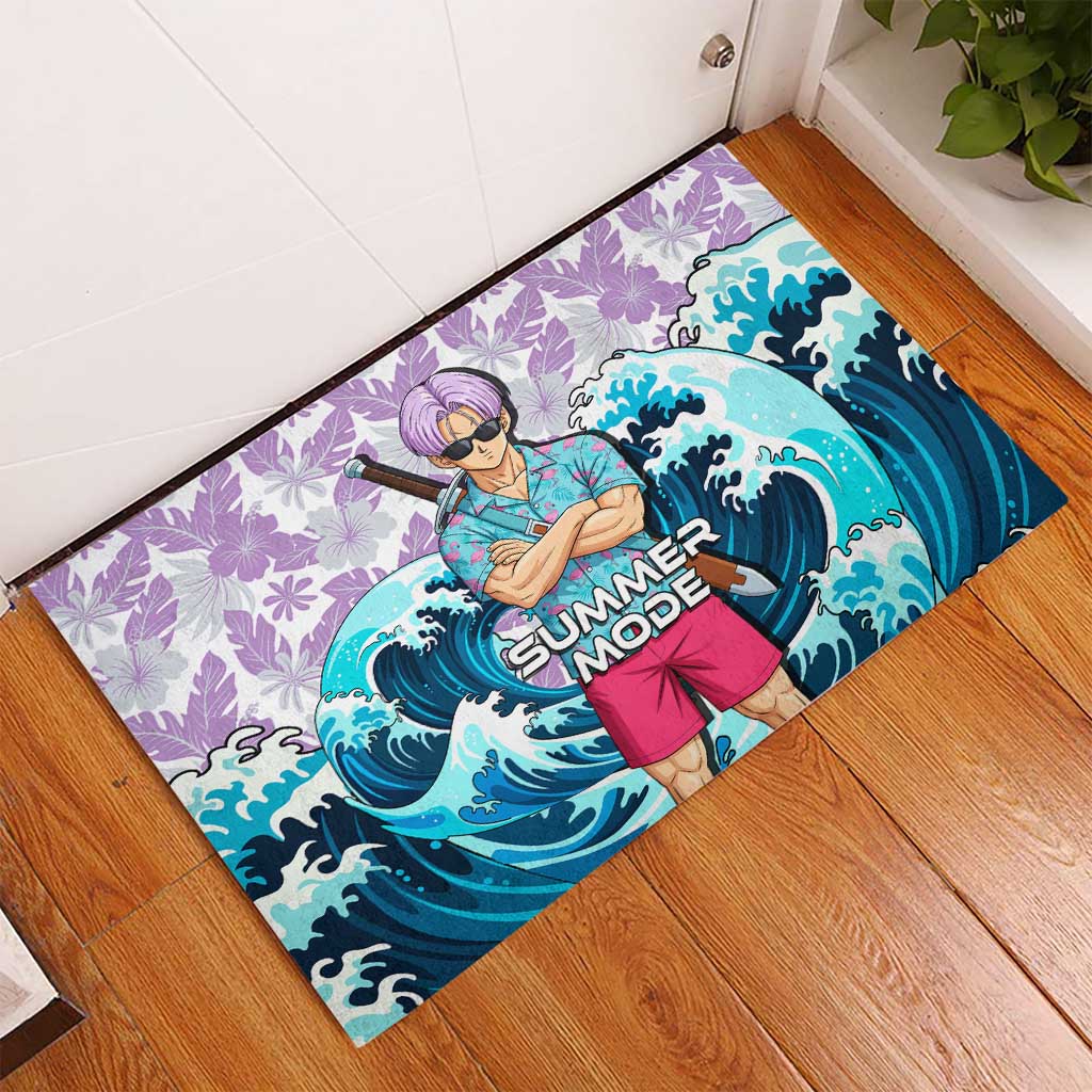 Trunks Dragon Ball Summer Theme Rubber Doormat with Sword Floral Shirt Sunglasses Shenron and Ocean Wave Background - The Mazicc
