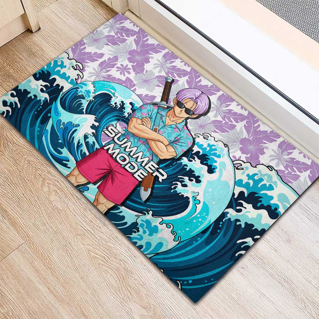 Trunks Dragon Ball Summer Theme Rubber Doormat with Sword Floral Shirt Sunglasses Shenron and Ocean Wave Background - The Mazicc