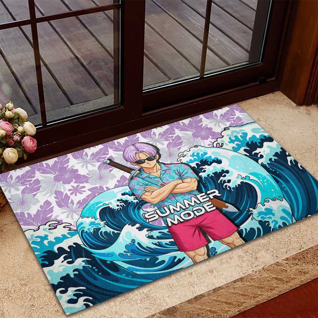 Trunks Dragon Ball Summer Theme Rubber Doormat with Sword Floral Shirt Sunglasses Shenron and Ocean Wave Background - The Mazicc