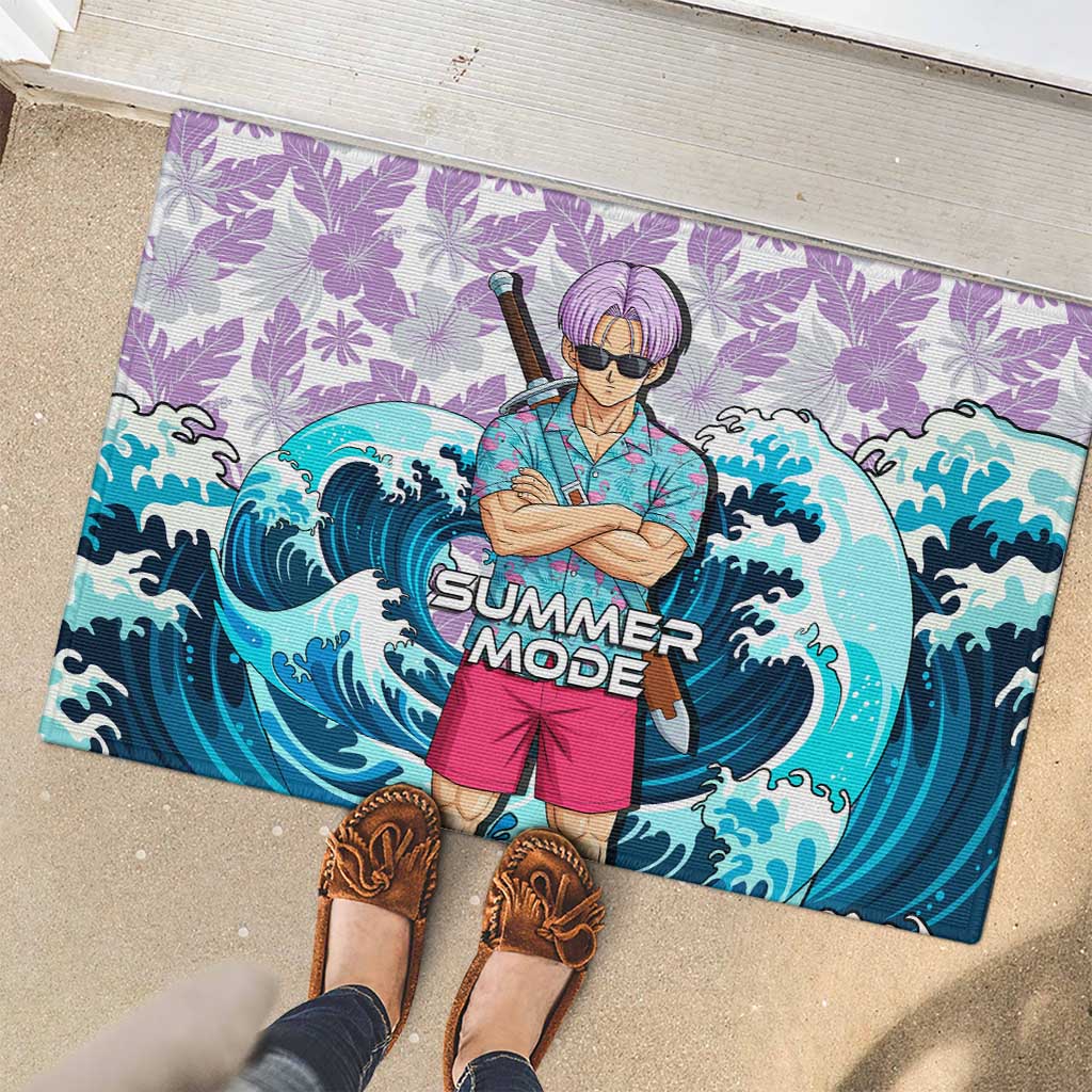 Trunks Dragon Ball Summer Theme Rubber Doormat with Sword Floral Shirt Sunglasses Shenron and Ocean Wave Background - The Mazicc