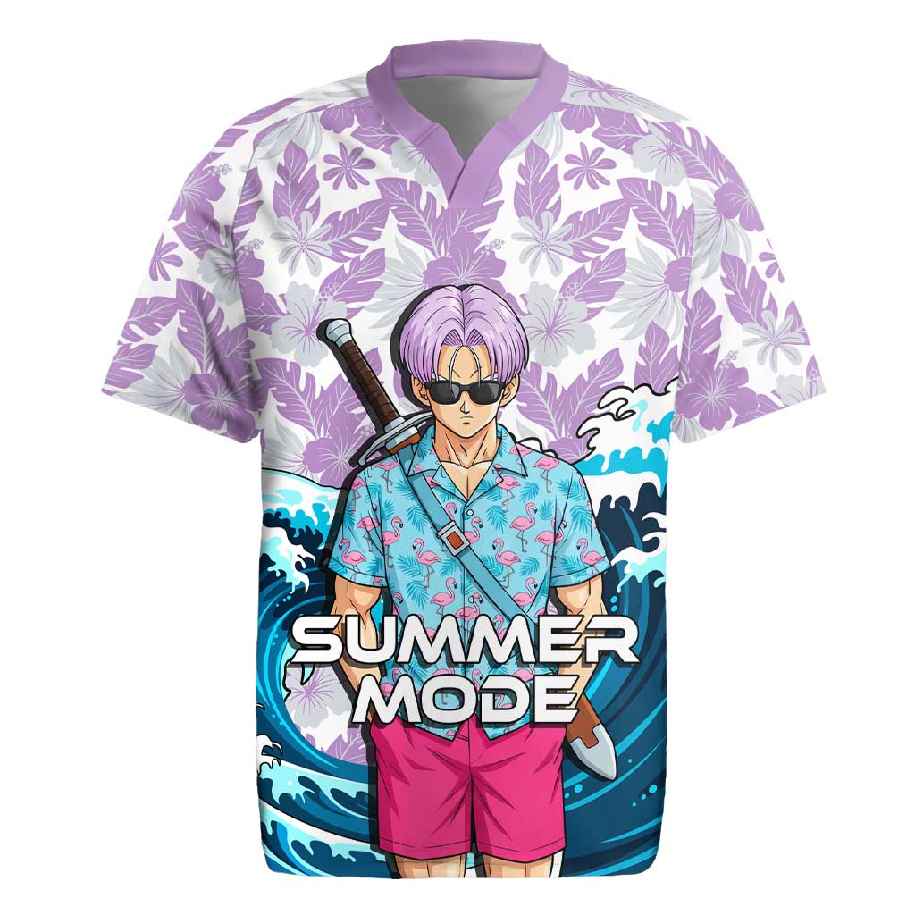 Trunks Dragon Ball Summer Theme Rugby Jersey with Sword Floral Shirt Sunglasses Shenron and Ocean Wave Background - The Mazicc