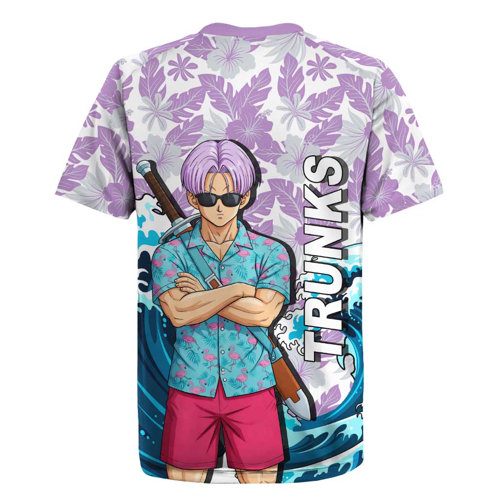 Trunks Dragon Ball Summer Theme Rugby Jersey with Sword Floral Shirt Sunglasses Shenron and Ocean Wave Background - The Mazicc