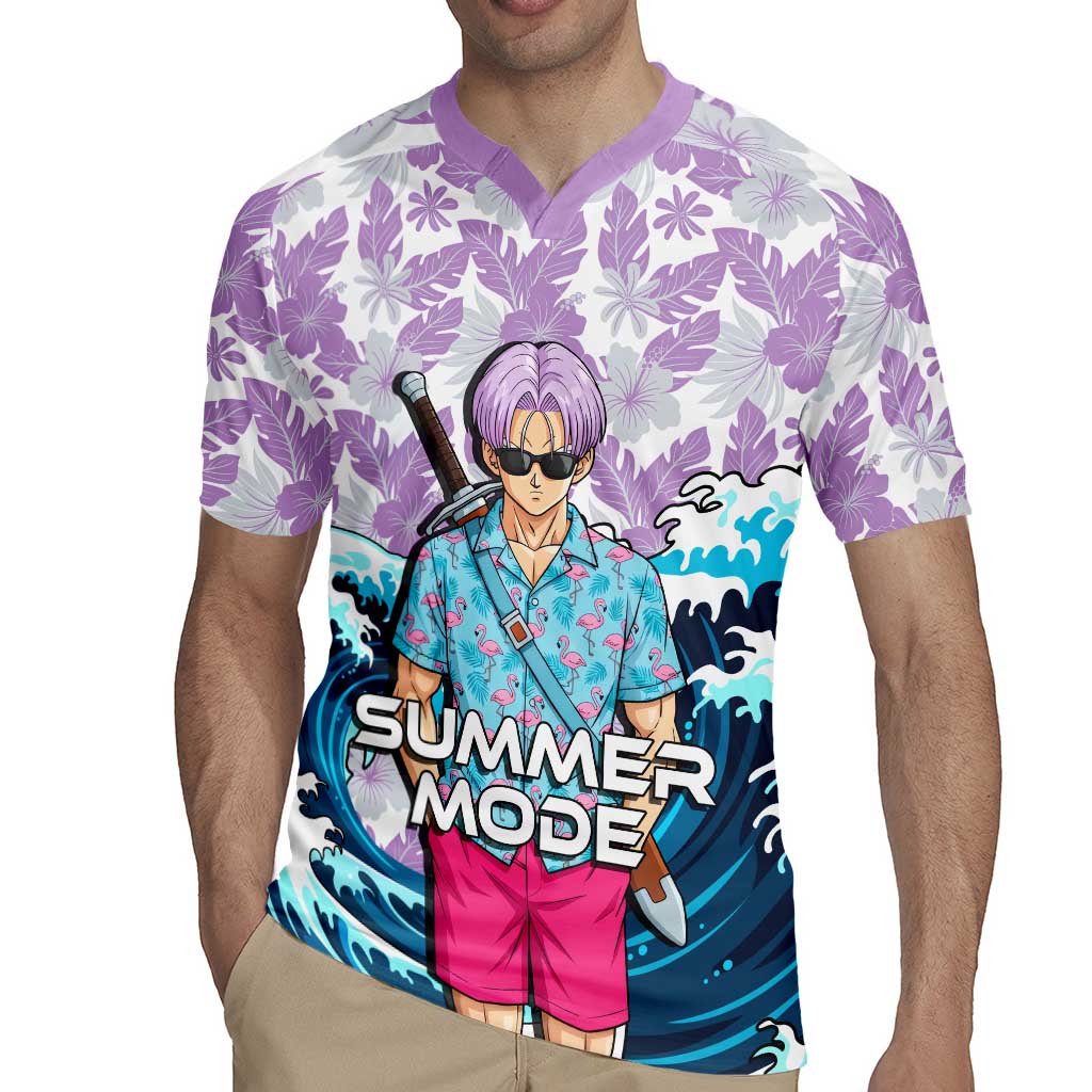 Trunks Dragon Ball Summer Theme Rugby Jersey with Sword Floral Shirt Sunglasses Shenron and Ocean Wave Background - The Mazicc