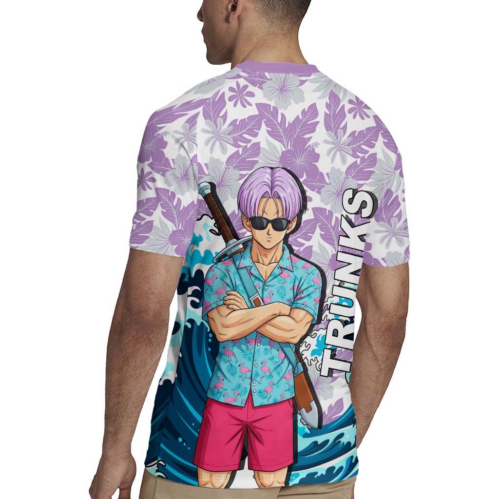 Trunks Dragon Ball Summer Theme Rugby Jersey with Sword Floral Shirt Sunglasses Shenron and Ocean Wave Background - The Mazicc