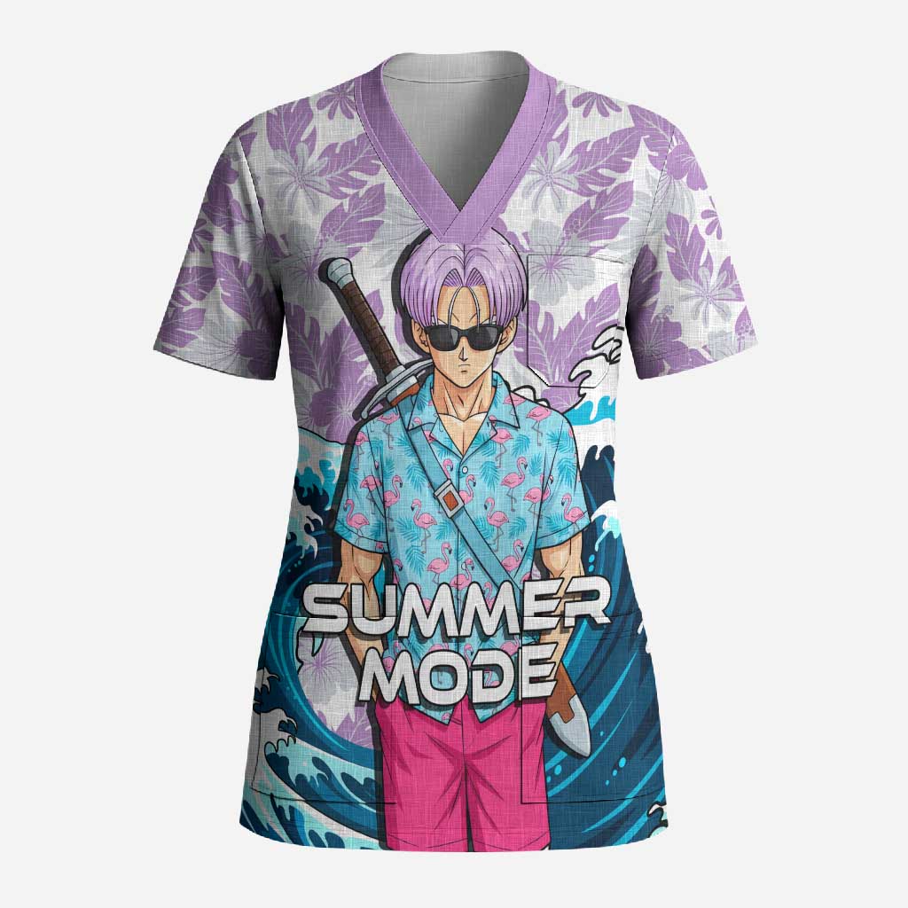 Trunks Dragon Ball Summer Theme Scrub Top with Sword Floral Shirt Sunglasses Shenron and Ocean Wave Background - The Mazicc