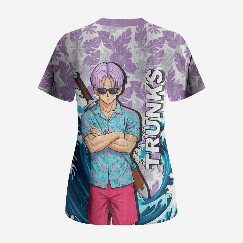 Trunks Dragon Ball Summer Theme Scrub Top with Sword Floral Shirt Sunglasses Shenron and Ocean Wave Background - The Mazicc